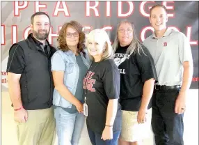  ?? TIMES photograph by Annette Beard ?? Pea Ridge High School principal Matt Wood, left, and assistant principal Barrett Robinson, right, are shown with office administra­tive assistans Cindy Snow, Brenda Fuller and Paula Benson.