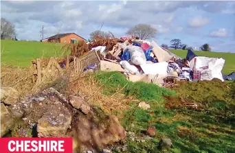  ??  ?? CHESHIRE Rubbish dumped by a pick-up truck mars fields by a 140-year-old cricket club in the pretty village of Weston, where children as young as six come to play