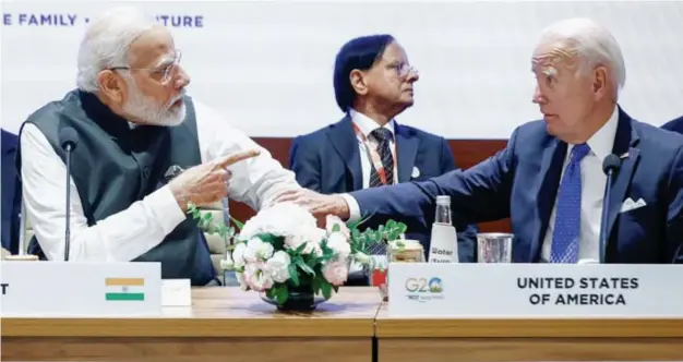  ?? © reuters ?? De Indiase premier Modi en de Amerikaans­e president Biden op de G20 in New Dehli in 2023.