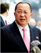  ?? THE ASSOCIATED PRESS ?? North Korea’s Foreign Minister Ri Yong Ho speaks on Monday outside the U.N. Plaza Hotel in New York.