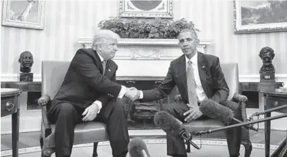  ?? PABLO MARTINEZ MONSIVAIS/ASSOCIATED PRESS ?? President-elect Donald Trump and President Barack Obama shake hands following their meeting at the White House last week.