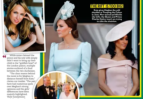  ??  ?? THE RIFT IS TOO BIG! Kate gives Meghan the cold shoulder at Trooping the Colour in June. Now mutual pal Mischa (far left), the Queen and Prince Charles (below inset) are trying to calm the situation.