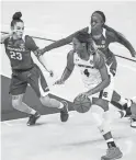  ?? JEFF BLAKE/USA TODAY SPORTS ?? South Carolina forward Aliyah Boston drives around Arkansas guard Amber Ramirez (23) and forward Erynn Barnum on Monday in Columbia, S.C.