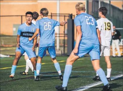  ?? JAMES BEAVER — FOR MEDIANEWS GROUP ?? North Penn’s Jovani Gonzalez (14) celebrates with Dominik Gedek (26) and Josh Jones (23) after scoring the game’s lone goal against Central Bucks West Tuesday.