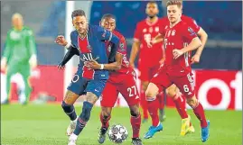  ?? AP ?? PSG's Neymar (left) is being held back by Bayern's David Alaba during their CL quarter-final in Paris on Tuesday. Bayen won 1-0 to finish 3-3 on aggregate. But PSG went through on away goals.