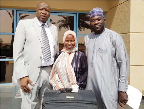  ?? Photo: MFA ?? From left: Second Secretary on Attachment, Nigerian Mission in Saudi Arabia, Mr Shehu Ilu, the released Nigerian student, Zainab Habib Aliyu and acting Consulate General of Nigeria in Jeddah, Mr Grema Gana, after Zainab’s release by Saudi Arabian authoritie­s in Jeddah yesterday.