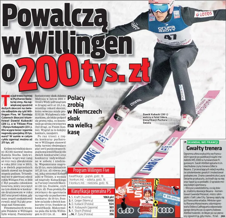  ??  ?? Dawid Kubacki (30 l.) walczy o fotel lidera klasyfikac­ji Pucharu Świata
Kamil Stoch (33 l.) wygrywał w Willingen trzy razy