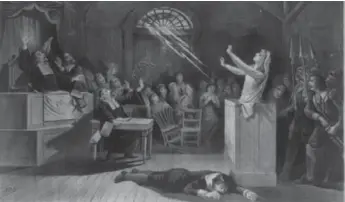  ?? LIBRARY OF CONGRESS ?? A lithograph by Joseph E. Baker depicting a witchcraft trial. During the infamous Salem witch hunt, there was high drama in the courtroom, with people “writhing” and “foaming at the mouth,” says author Stacy Schiff.