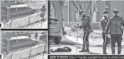  ??  ?? HARD TO WATCH: Police on Thursday investigat­e the scene of a deadly Castle Hill crash caught on camera — with the victim (1) seen walking in the crosswalk (2) in front of a school bus, which then hits her (3) and keeps going (4).