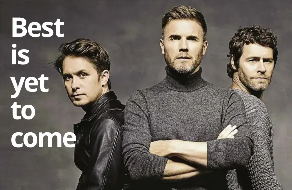  ??  ?? Take That now comprises three members – ( from left) Owen, 44; Barlow, 45 and Donald, 47.