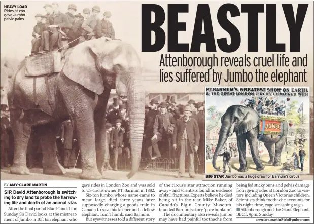  ??  ?? HEAVY LOAD Rides at zoo gave Jumbo pelvic pains BIG STAR Jumbo was a huge draw for Barnum’s circus