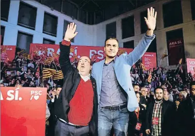  ?? ÀLEX GARCIA ?? Miquel Iceta i Pedro Sánchez ahir al míting final socialista, a Barcelona