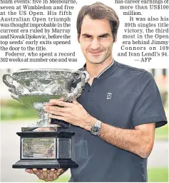  ??  ?? Roger Federer of Switzerlan­d holds the championsh­ip trophy during a photo opportunit­y the day after winning the Australian Open men’s singles final for his 18th career Grand Slam in Melbourne. — AFP photo