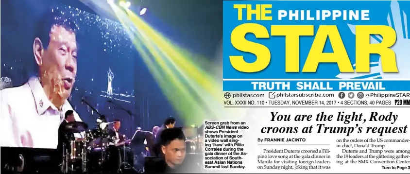  ??  ?? Screen grab from an
ABS-CBN News video shows President Duterte’s image on a video wall singing ‘Ikaw’ with Pilita Corrales during the gala dinner of the Associatio­n of Southeast Asian Nations Summit last Sunday.