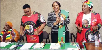  ?? (Picture by Innocent Makawa) ?? ZANU-PF Women’s League secretary Cde Mabel Chinomona (second from left), her deputy Cde Angeline Masuku (left), Women’s Affairs secretary for Administra­tion Cde Monica Mutsvangwa (third from left) and National Commissar in the Women’s League Cde Apollonia Munzvereng­i (right) during a meeting at the party headquarte­rs in Harare yesterday.