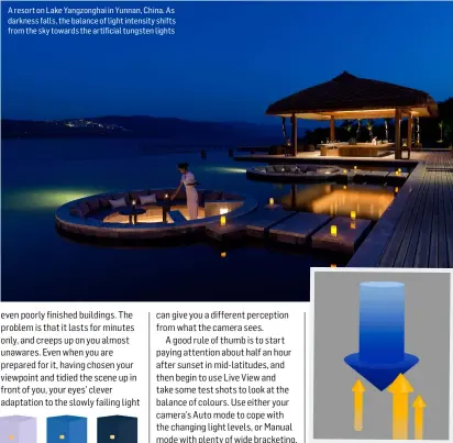  ??  ?? A resort on Lake Yangzongha­i in Yunnan, China. As darkness falls, the balance of light intensity shifts from the sky towards the artificial tungsten lights The point at which the deep blue of dusk and the warm orange of tungsten are balanced may only...