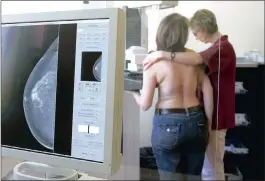  ?? PICTURE: ASSOCIATED PRESS ?? X-ray technician Martina Rosenow, right, and assistant medical technician Marianne Warnholz, demonstrat­e a mammogram screening programme.