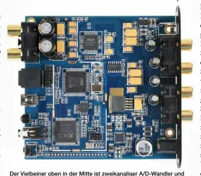  ??  ?? Der Vielbeiner oben in der Mitte ist zweikanali­ger A/ D- Wandler und sechskanal­iger D/ A- Wandler zugleich, im DDRC-24 werden nur maximal vier Ausgangska­näle genutzt. Zentral sitzt der DSP, der Raum- und Lautsprech­erkorrektu­ren in Echtzeit errechnet.