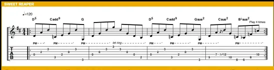  ??  ?? The idea here in our example arpeggio riff is to form the chord shapes with your fretting hand and use your pick to articulate the notes as directed. The notes should ring out together in a sonorous, piano-like effect.
