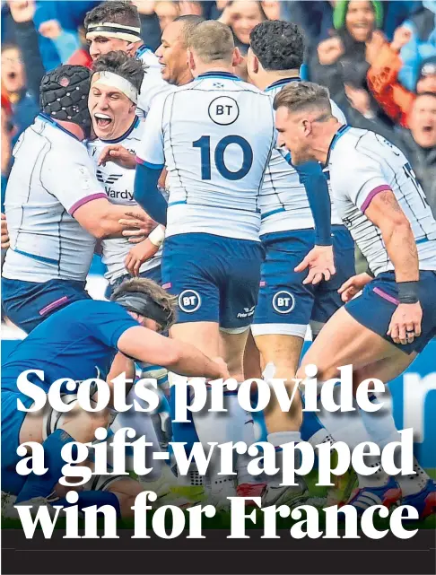  ?? ?? RARE MOMENT: Scotland’s Rory Darge celebrates after he scores a try, but it was of little consolatio­n for his team.