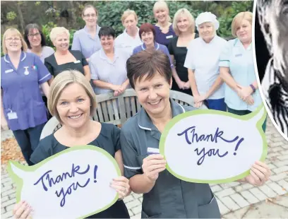  ??  ?? Queenscour­t Hospice staff express their thanks for the vital community support they receive, ahead of the opening of their new store by Anfield legend Mark Lawrenson, inset, above, right