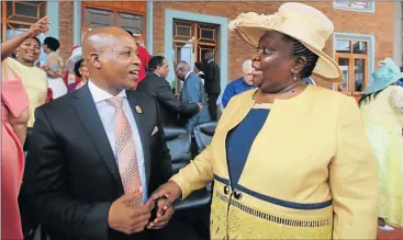  ?? Pictures: SINO MAJANGAZA ?? RUBBING SHOULDERS: Public Works MEC Thandiswa Marawu, left, and MEC for health Phumza Dyantyi on the Sopa red carpet at the Bhisho legislatur­e yesterday. RIGHT: Premier Phumulo Masualle and Bhisho legislatur­e Speaker Noxolo Kiviet in talkative mood