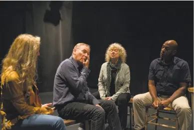  ?? Photos by Jessica Christian / The Chronicle ?? Actors Wendy Vanden Heuvel (left) and Victor Talmadge, director Timothy Near, and actor Adrian Roberts go over lines for “A Lesson from Aloes.”