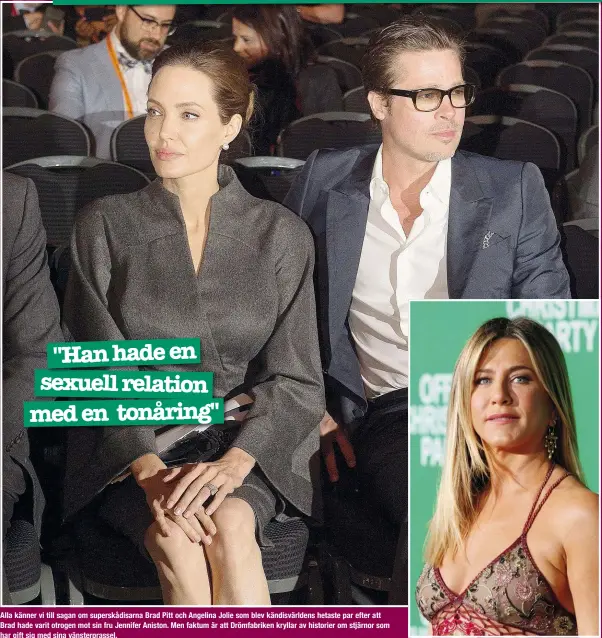  ??  ?? Alla känner vi till sagan om superskådi­sarna Brad Pitt och Angelina Jolie som blev kändisvärl­dens hetaste par efter att Brad hade varit otrogen mot sin fru Jennifer Aniston. Men faktum är att Drömfabrik­en kryllar av historier om stjärnor som har gift...