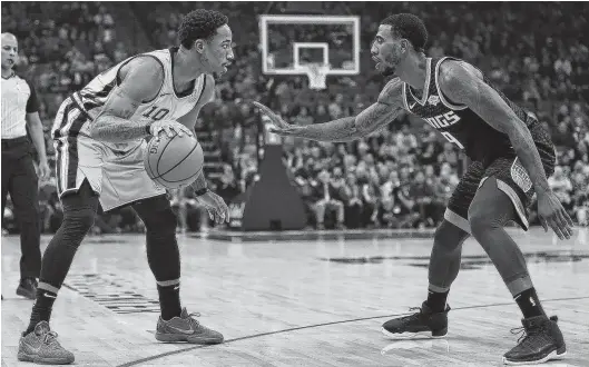  ?? Lachlan Cunningham / Getty Images ?? Newest Rocket Iman Shumpert, right, says he’s guarded pretty much everyone in the league at this point, so that must include the Spurs’ DeMar DeRozan.