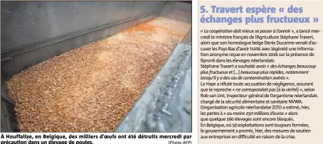  ??  ?? À Houffalize, en Belgique, des milliers d’oeufs ont été détruits mercredi par précaution dans un élevage de poules. (Photo AFP)