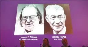  ?? (TT News Agency/Fredrik Sandberg/Reuters) ?? THE NOBEL PRIZE laureates for Medicine or Physiology 2018, James P. Allison and Tasuku Honjo, are presented at the Karolinska Institute in Stockholm on Monday.