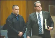  ?? BEA AHBECK/NEWS-SENTINEL ?? Oscar Picazo, the former Lodi Fire captain accused of embezzling almost $300,000 from the Lodi Fire Union, appears at the San Joaquin County Superior Court of California in Stockton with his lawyer Al Ellis on Tuesday afternoon for his arraignmen­t. His...