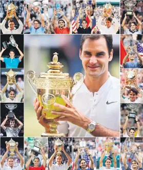  ?? Picture: AFP ?? TRULY THE KING. A combinatio­n of photograph­s shows Switzerlan­d’s Roger Federer holding up the trophy for each of his 19 Grand Slam titles: (centre) Wimbledon 2017, (anti-clockwise from bottom left) Wimbledon 2003, Australian Open 2004, Wimbledon 2004,...