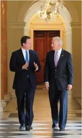  ?? Downing Street Flickr photo No 10 ?? PM David Cameron with then-US Vice President Joe Biden in London in 2010. Cameron’s win in the Scottish referendum rejecting independen­ce in 2015 led to a Conservati­ve majority in a subsequent election and emboldened him to call the 2016 referendum on EU membership won by the Brexit insurgency and forcing him out.