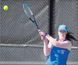  ?? SARAH GORDON/THE DAY ?? Old Lyme’s Abigail Sicuranza returns a serve during a girls’ tennis match against East Hampton on Monday in Old Lyme. Sicuranza won 6-1, 6-1, and Old Lyme won the match 7-0.