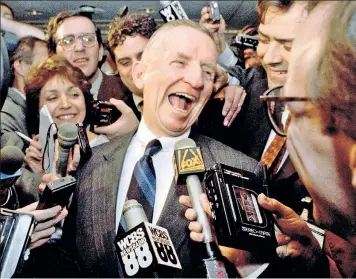  ??  ?? JOKER WAS WILD: Ross Perot laughs with reporters in1992 before entering the presidenti­al race. Later that year, he appeared with Bill Clinton and George H.W. Bush at a debate (below).