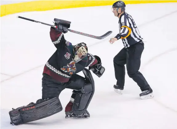  ?? — THE ASSOCIATED PRESS FILES ?? Arizona Coyotes goalie Mike Smith celebrates a 3-2 win over the Edmonton Oilers in late November. Even with Arizona settling to the bottom of the league, Edmonton has been unable to find a solution whenever the two teams meet.