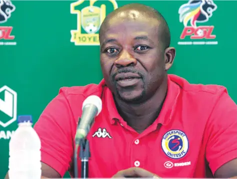  ??  ?? GAME ON . . . Zimbabwe’s Kaitano Tembo, the assistant coach of South African Premiershi­p side SuperSport United, saw his club fall to a narrow 1-2 defeat at the hands of TP Mazembe in Lubumbashi in the CAF Confederat­ions Cup final, first leg tie...