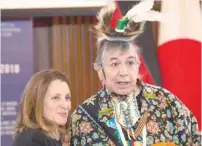  ?? — AFP ?? Canadian Foreign Minister Chrystia Freeland thanks native elder Garry Sault for his Welcome and blessing before the opening remarks of the G7 Foreign Ministers meeting in Toronto, Ontario, on Sunday.