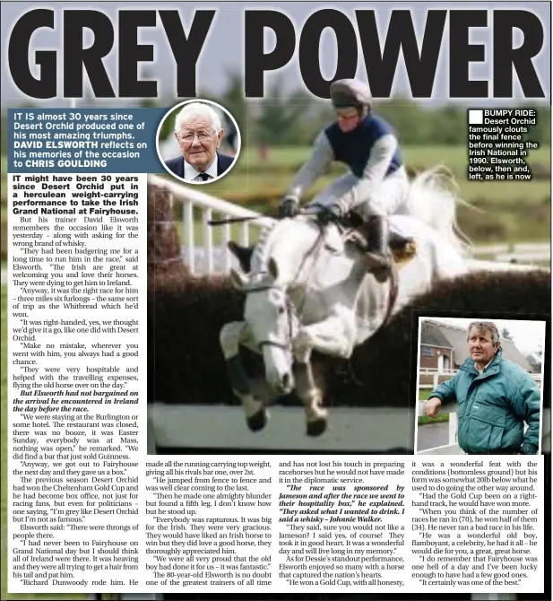  ??  ?? ■
BUMPY RIDE: Desert Orchid famously clouts the final fence before winning the Irish National in 1990. Elsworth, below, then and, left, as he is now