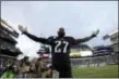  ??  ?? Eagles safety Malcolm Jenkins, celebratin­g after a win over Denver last season, is hoping that moving past last year’s Super Bowl championsh­ips will help avoid complacenc­y on the part of the 2018 Eagles.