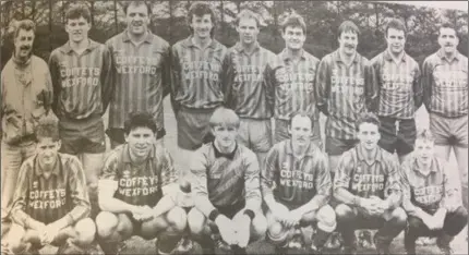  ??  ?? The North End United reserves, beaten by their first team in that historic cup final 30 years ago. Back (from left): Tommy Jones (manager), Paul Kelly, Packie Carthy, Derek Mahoney, Anthony Barnes, Paddy O’Leary, Davy Redmond, Ger Jones, Vinny Lawlor. Front (from left): Paddy Walsh, Pat Hackett, Franny Byrne, Wally Lawlor, Paddy Kearney, Trevor Murphy.