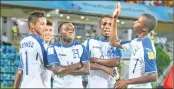  ??  ?? Carlos Mejia(14) from Honduras celebratin­g after his goal against New Caledonia