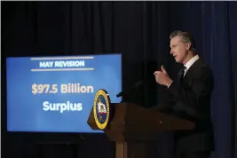  ?? RICH PEDRONCELL­I — THE ASSOCIATED PRESS ?? Gov. Gavin Newsom unveils his 2022-2023state budget revision Friday. California enters the next budget year with a record-smashing surplus of nearly $100billion, Newsom said.