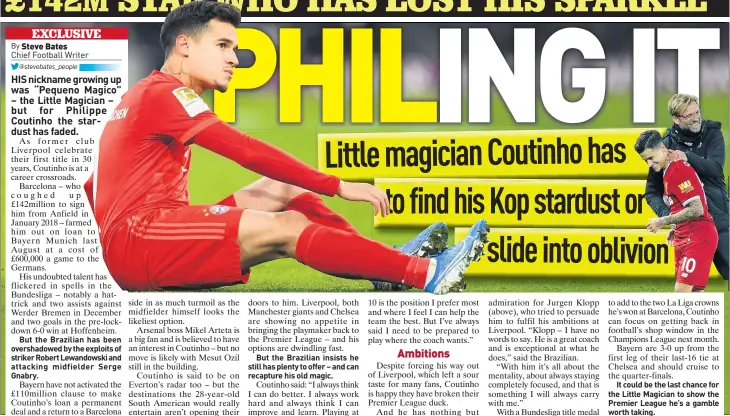  ??  ?? FLAT OUT Coutinho (with Klopp, right) is at crossroads