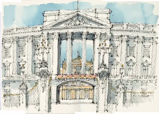  ?? ?? Ptolemy Dean, Ptolemy Dean Architects
‘I would want to open up the façade to give a view into Nash’s original palace forecourt. It’s a magnificen­t space and one that many visitors don’t realise exists. As I drew this view, with the central section of the façade opened out, I realised that I was remaking those lovely open colonnades at Somerset House and also the BBC building at Bush House, so this does have a good London pedigree.’