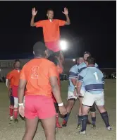  ?? ?? Seshego player Mpho Mphahlele is lifted by his teammate at a lineout.