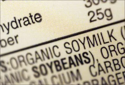  ?? THE ASSOCIATED PRESS ?? The ingredient­s label for soy milk are shown at a grocery store in New York. The dairy industry says terms like “soy milk” violate the federal standard for milk, but even government agencies have internally clashed over the proper term.