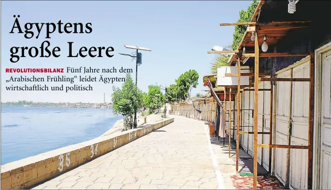  ?? BILD: WILL ?? Die Flußuferpr­omenade des oberägypti­schen Kom Ombo im September. Früher legten hier jeden Tag Dutzende Kreuzfahrt­schiffe an. In den Läden (rechts) verkauften rund 100 Familien Souvenirs und Erfrischun­gen. Heute kommt oft gar kein Schiff. Sämtliche...