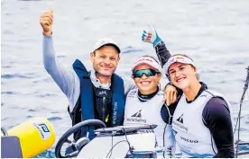  ?? Photo / Sailing Energy ?? Alex Maloney (centre) and Molly Meech (right) finished second overall in the 49erFX class.